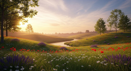 Beautiful landscape with poppies in the meadow at sunrise