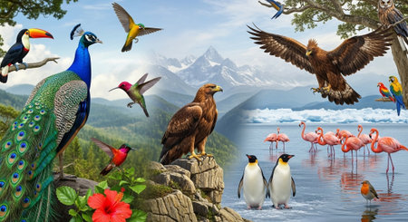 Beautiful nature scene with birds and colorful flowers. 3d rendering