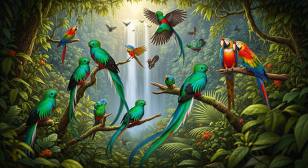 Parrots on the branch in the jungle. 3D illustration.