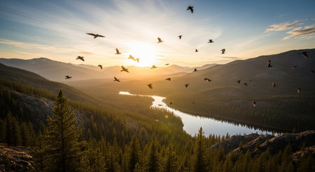 Flock of birds flying over a lake in the mountains at sunsetの写真素材