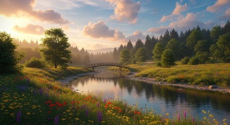 Beautiful summer landscape with the river and the bridge over the forest