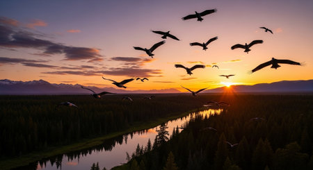A flock of migratory cranes flies over a lake at sunset.
