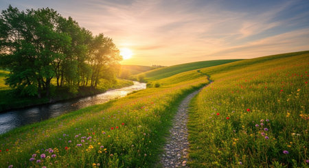 Beautiful spring landscape with meadow and river at sunset time.の写真素材