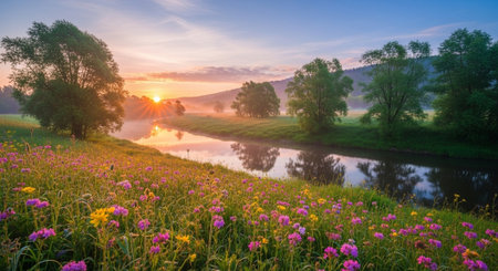 Beautiful foggy sunrise over the river. Colorful summer landscape.の写真素材