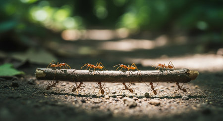 Ants are walking on a branch in the forest. teamwork conceptの写真素材