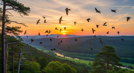 Flock of birds flying over the river at sunset. Beautiful summer landscape.