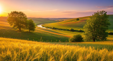 Beautiful summer landscape with green meadow and trees at sunset.