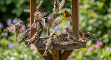 Sparrows on a bird feeder in a summer garden.の写真素材