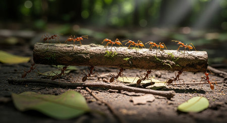 Ants on a log in the forest. Concept of teamwork.の写真素材