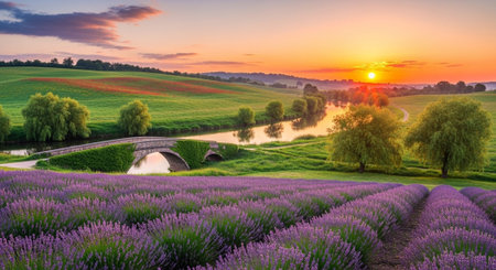 Sunset over lavender fields in Provence, France.の写真素材