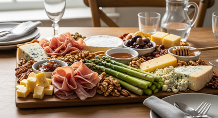 Antipasto plate with ham, cheese, nuts and honey