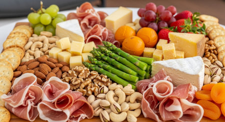 Cheese plate with prosciutto, parmesan, dried apricots, grapes and nuts