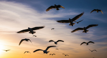 Seagulls flying in the sky at Bang Pu beach, Thailandの写真素材