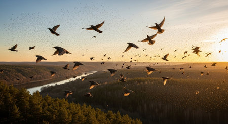 Flock of birds flying over the river at sunrise. 3D rendering