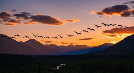 A flock of geese flies over the mountains at sunset, Alaska