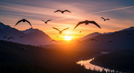 Sunset over the lake with flying seagulls and mountainsの写真素材