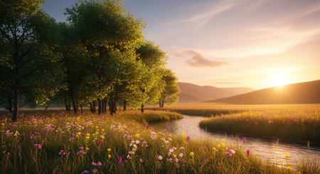 Meadow with wildflowers at sunset. Panorama.