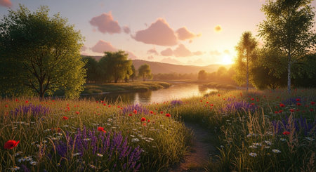 Beautiful summer landscape with blooming meadow and river at sunset