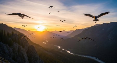 Seagulls fly over the mountains at sunset. Panorama