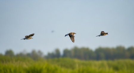 Flying ducks in the blue sky over a meadow with reedsの写真素材