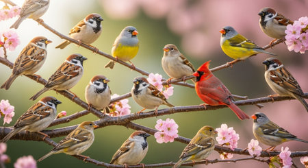 A group of birds sitting on a branch of a blossoming tree