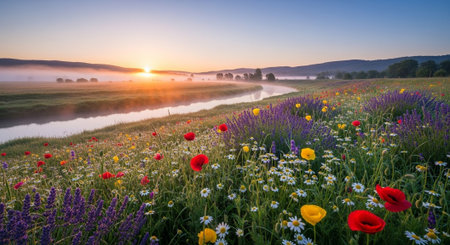 Meadow with poppies and wildflowers at sunrise