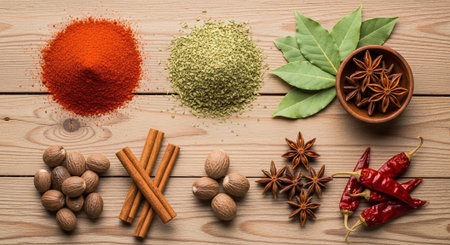 Spices and herbs on wooden background. Food and cuisine ingredients.