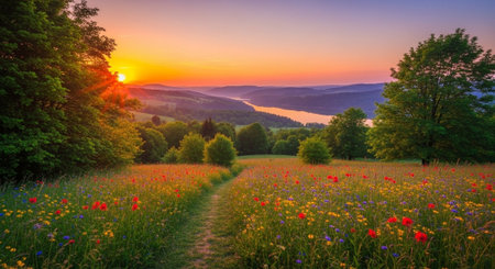 Panoramic view of meadow with poppies and wildflowers at sunsetの写真素材