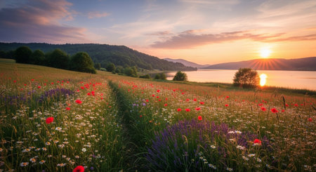 Sunset over the lake. Beautiful summer landscape with flowers and grass.
