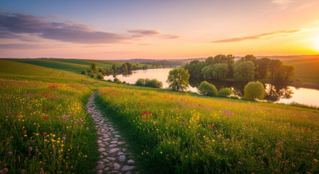 Sunset over the river in summer. Panoramic view.