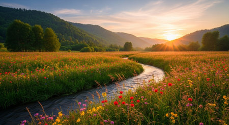 Beautiful spring meadow with wild flowers and a river at sunset