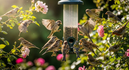 A flock of sparrows on a bird feeder in the garden.の写真素材
