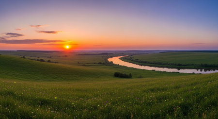 Sunset over the river. Beautiful summer landscape. Panoramic view.