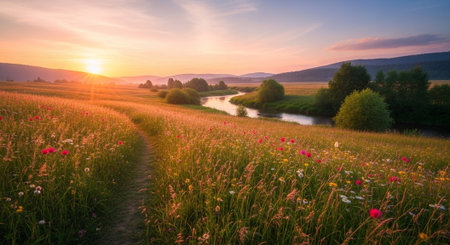 Sunrise over a meadow with poppies in the foreground