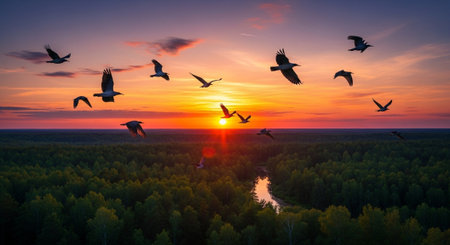 A flock of cranes flies over the sunset on the background of the forest.