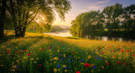 Sunset over the river and meadow with colorful cornflowersの写真素材