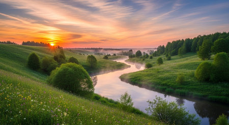 Beautiful summer landscape with river and forest at sunrise. Panoramaの写真素材