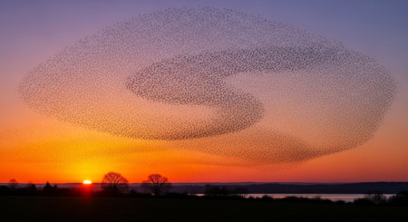 A flock of starlings is flying in the sunset sky. A flock of starlings is flying in the sunset sky.の写真素材