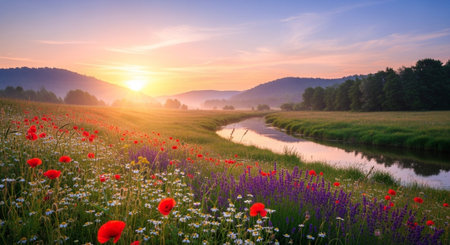 Sunrise over the river with poppies and wildflowers