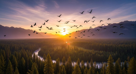 Beautiful sunrise with mountains in the background and flying birds