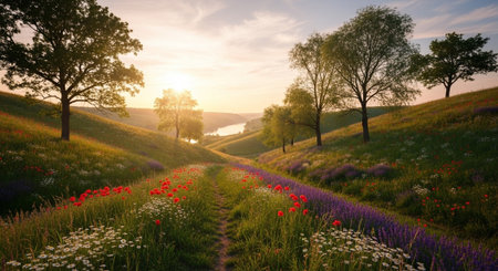 Beautiful spring landscape with flowers on the meadow at sunrise.