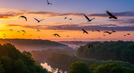 Flock of birds flying over the river at sunrise. Beautiful landscape.