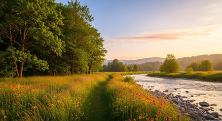 Sunset over the river in summer. Landscape with wild flowers.