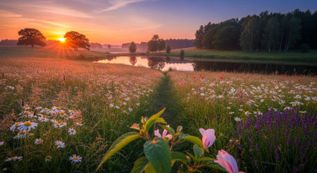 Sunset over a meadow with wild flowers and a lake in the background