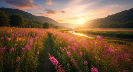 Beautiful summer landscape with blooming meadow and river at sunset