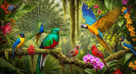 Colorful parrots in the tropical forest. 3D rendering.