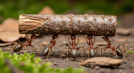 Close up of ants on a tree branch in the garden. Shallow depth of field.の写真素材