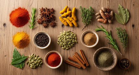 Spices and herbs on wooden background. Food and cuisine ingredients.
