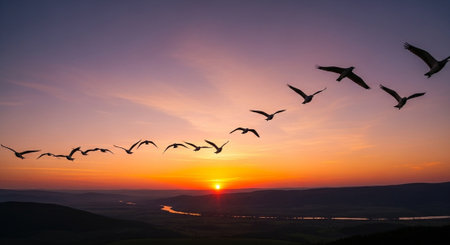 Silhouette of a flock of geese flying in the sunset