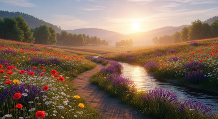 Beautiful summer landscape with a river and blooming meadow.